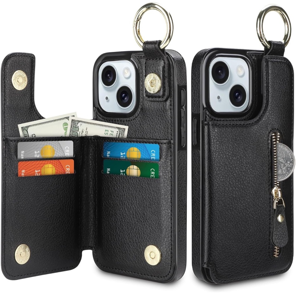 Iphone 15 Case with Card Holder PU Leather Zipper Phone Case